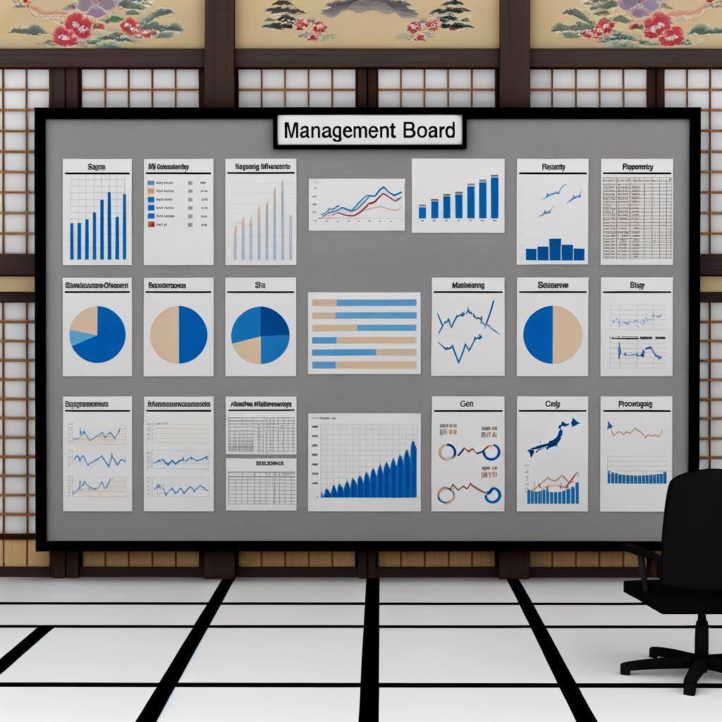 Japanese style management board with charts, tables, and graphs