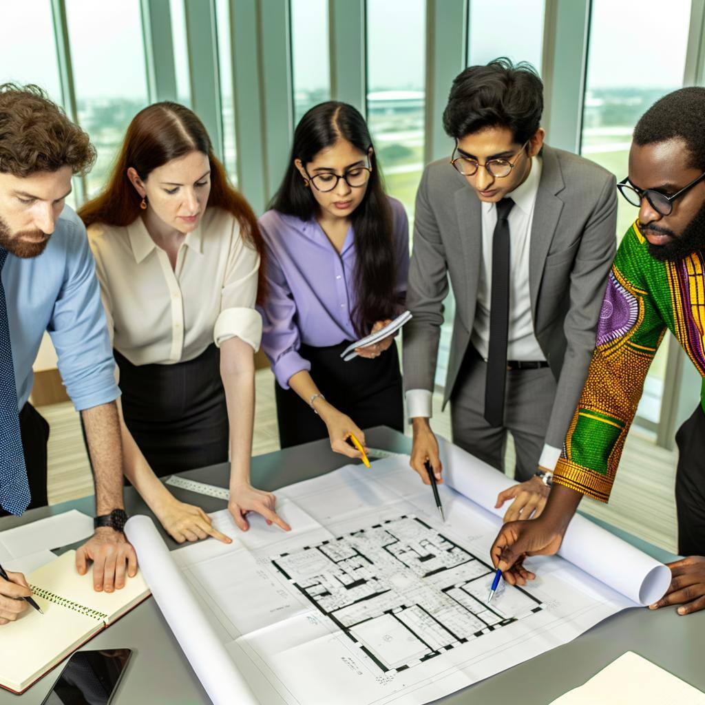 Team of engineers huddled around a blueprint on a table studying it diligently